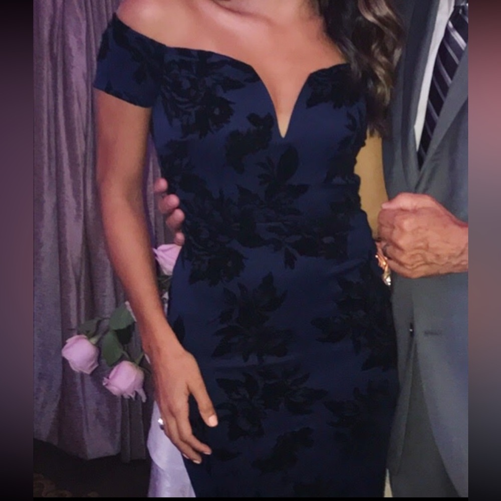 Sexy off the shoulder navy blue cocktail dress with black velvet floral design